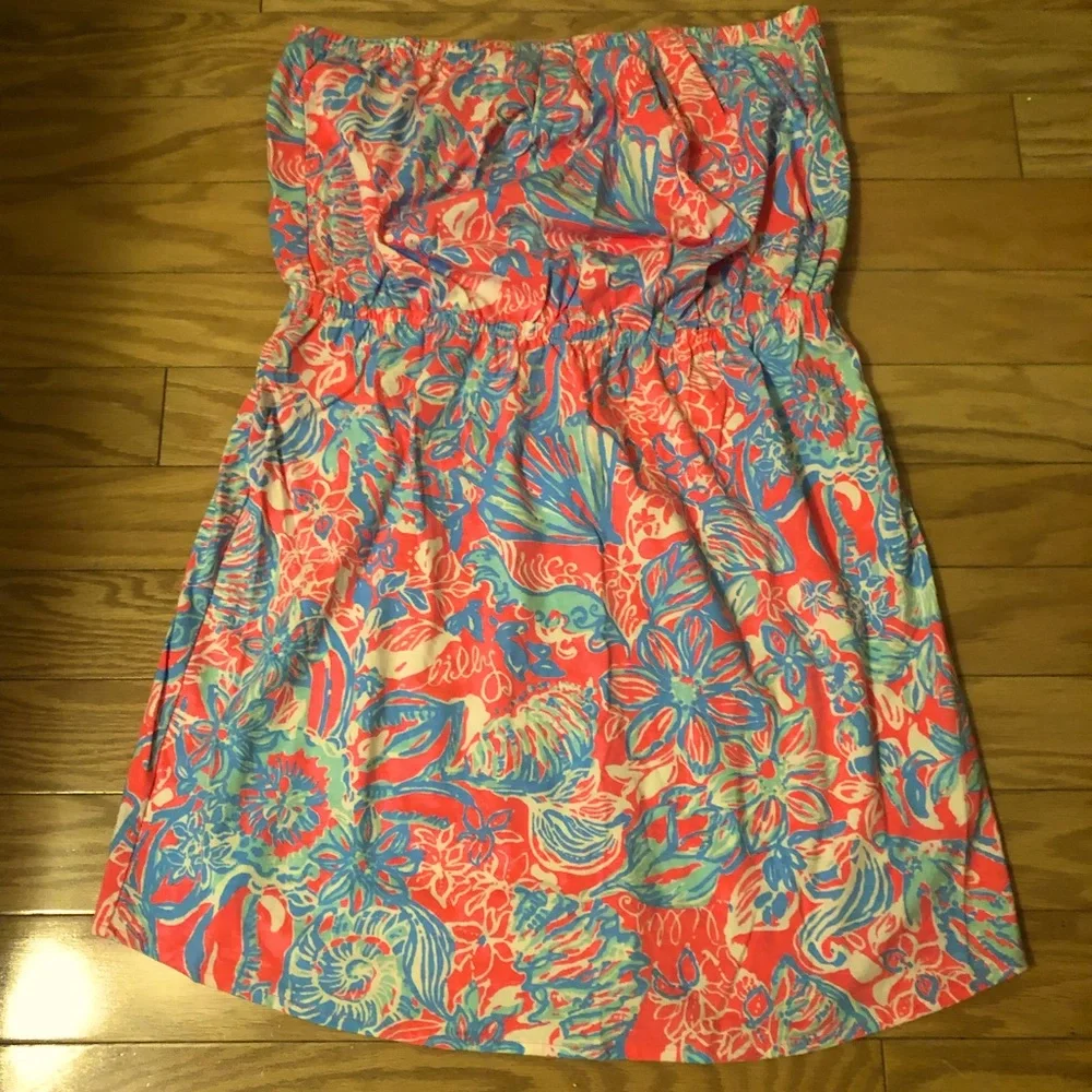 Lilly Pulitzer Coral and Aqua Strapless Printed Maxi Dress - Picture 3 of 6